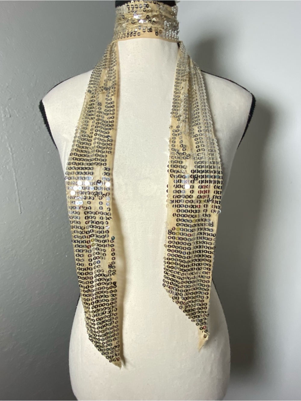 Y2K Tan Silver Sequin Skinny Scarf